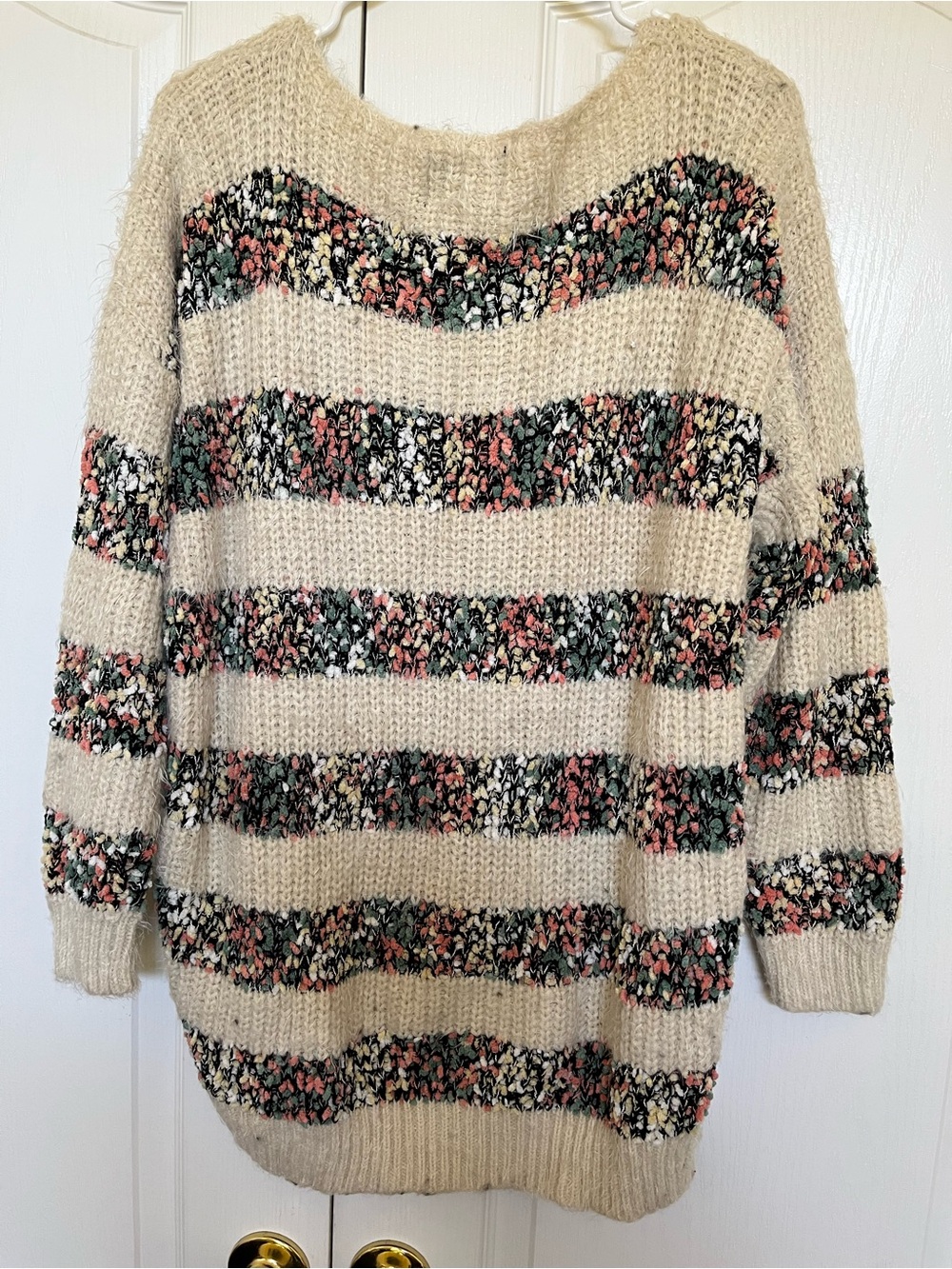 Women's Cream Fuzzy Stripe Scoop-Neck Sweater - Picture 8 of 9